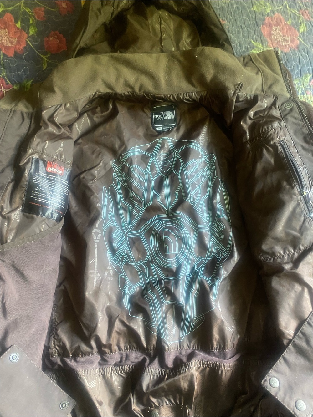 The North Face Men's Brown Ski Jacket with Teal Graphic Lining